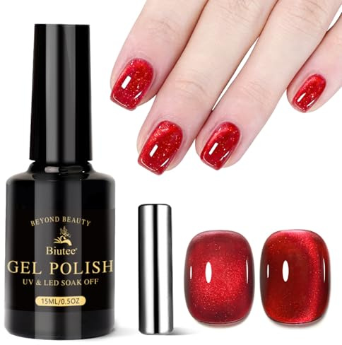 Biutee UV Nagellack Cat Eye Jelly Rot Tiefrot 15ml | Magnetischer Jelly Gel-Lack mit tiefem Farbeffekt. Für UV/LED Lampen, Soak Off Maniküre und Nail Art.