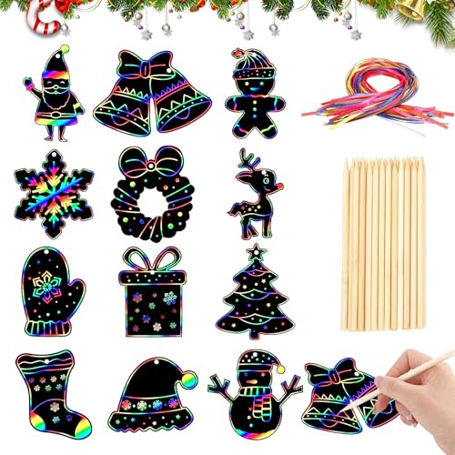 36 Stück Weihnachten Kratzbilder für Kinder, Weihnachten Kratzpapier, Bastelset Weihnachter Regenbogen Kratzbilder, mit 36 Bändern und 18 Holzstiften, für Geschenkan, Weihnachtsbaumschmuck (A)