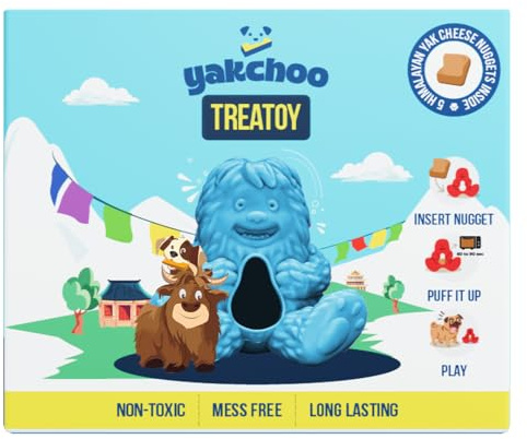 Yakchoo Treatoy for Dogs (Blue) | BPA Free Interactive Chew Toy with Natural Himalayan Cheese Treat | Durable, Gentle on Gums, Fun Training & Dental Toy | Includes 5 Yak Cheese Nuggets