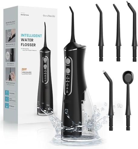 OasiSmile Munddusche Kabellos Elektrisch, Munddusche Testsieger 2026, 4 Modi DIY Druck & 5 360° Jet-Tipps zur Täglichen Tiefenreinigung, 300ML Oral Irrigator, IPX7 Wasserdicht für Reise & Zuhause