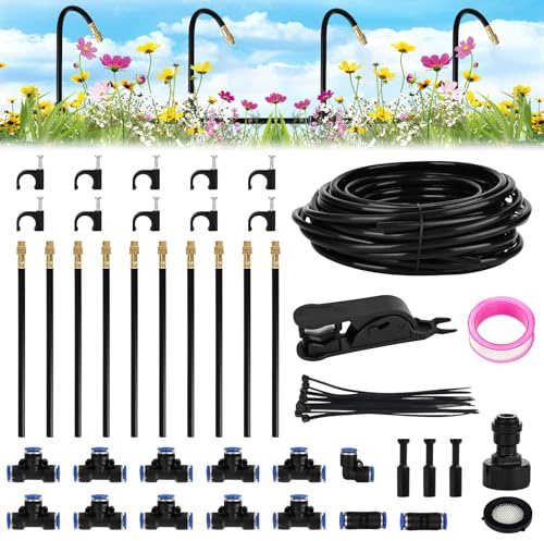 YHNDECO Sistema de riego de 10 m para jardín, manguera de riego automática de 360 ° con 10 boquillas ajustables, kit de riego por niebla, sistema de refrigeración por niebla para exteriores, para