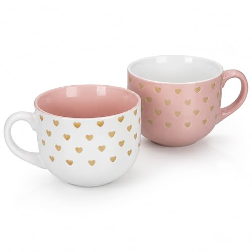 MundoTarros Pack 2 Tazones con Corazones 500 ml de Cerámica con Asa, Tazas Grandes Jumbo para Desayuno, Café con Leche, Chocolate Caliente, Cereales, Yogur y Granola, Acabado Brillante (2)