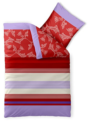 aqua-textil Trend Bettwäsche 155x220 cm 2tlg. Baumwolle Bettbezug Imara Streifen Blumen Rot Weiß Violett
