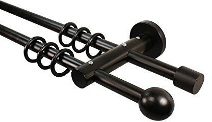 Gardinenstangen 2-läufig 16 mm aus Metall und Holz Schwarz Endstück Kugel, 120 cm