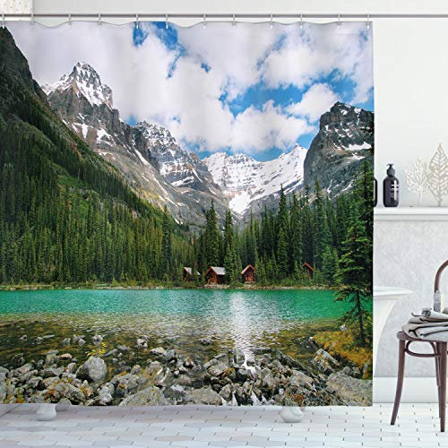 ABAKUHAUS Landschaft Duschvorhang, Kanada Ohara See Wiev, Stoffliches Gewebe Badezimmerdekorationsset mit Haken, 175 x 220 cm, Grün Türkis
