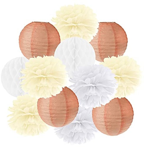 Hängedekoration 12 teilig Mix - Lampions, Wabenbälle/Honeycombs, Pompoms (apricot/creme/weiß)