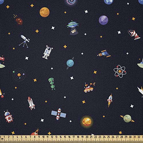 ABAKUHAUS Raumschiff Stoff als Meterware, Sterne Alien Planeten, Microfaser Multi Zweck Dekostoff für Kunsthandwerke, 3M (230x300cm), Schwarz Blau Orange