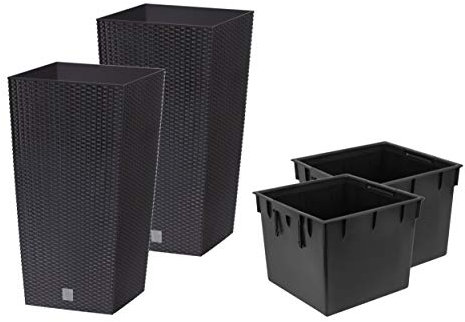 Juego de 2 macetas cuadradas altas de ratán de plástico para interiores y exteriores + set de 16,3 litros, color negro