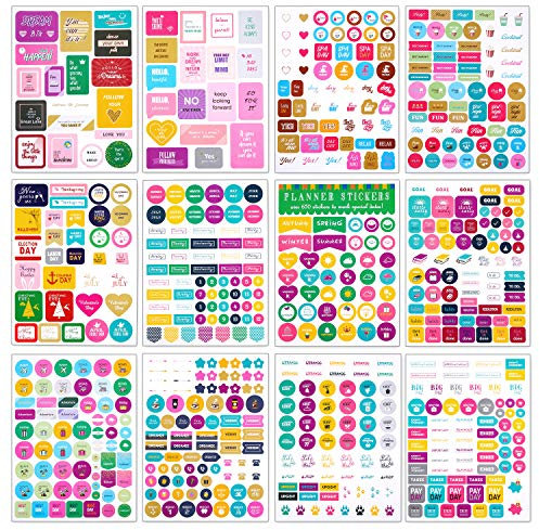 12Blätter Scrapbook Sticker Set für Pläne Erinnerungen Ereignisse Haushalt, Bunt Planer Aufkleber Selbstklebend klein Kalender,Farbig Bullet Journal Etiketten Zum DIY Noten Fotoalbum Geschenke Basteln