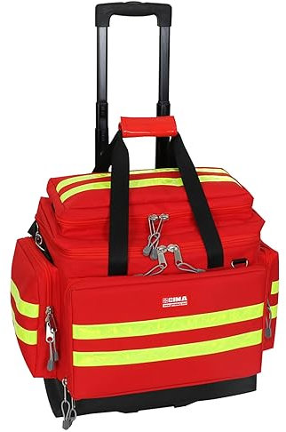 GIMA Borsa Emergenza Smart con Trolley Media, Colore Rosso, Doppie Strisce Gialle Rifrangenti, Tasche Esterne, Divisori Interni, Borsetta Staccabile con Finestra Trasparente, Misura 56x32,5x49 cm