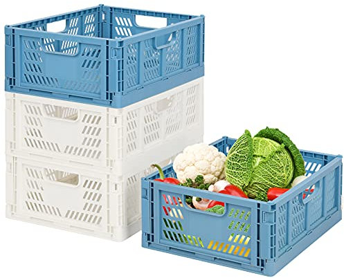 2 Blue 2 white Plastic Storage Basket Folding Storage Boxe Crate Drawer Organizer Stackable Shelf Basket Collapsible Closet Container Food Fruit Bottle Book Organiser for Home Office Bedroom Kitchen