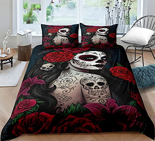 AYMAING Bettwäsche 3D Totenkopf & Rosen Bettbezug Set 200 x 200 cm Bettwäsche Set 3 Teilig Bettbezüge Mikrofaser Bettbezug mit Reißverschluss und 2 Kissenbezug 80x80cm