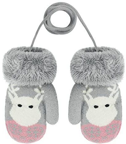 Kinder Winter Handschuhe Fäustlinge Baby Cartoon Fausthandschuh Halshandschuhe Dicke Doppelt Strickhandschuh mit Plüsch,0-3 Jahre alt, Spielen, Laufen, Skifahren Bedarf (Elch Grau)