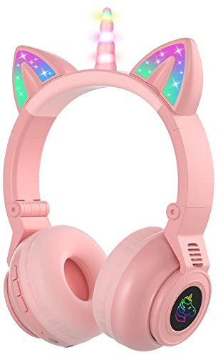 JYPS Unicorn Bluetooth Headphones, Wireless/Wired Kids Headphones with LED Lights, Childrens Headphones Over Ear with Microphone and SD Card Slot, for iPad/Kindle/Tablet(pink)