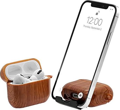 AirStand - AirPods Pro Case Cover mit unsichtbarem Telefonständer, kompatibel mit AirPods Pro, voller Schutz TPU & PC stoßfestes Gehäuse mit Schlüsselanhänger Karabiner (Nussbaum)