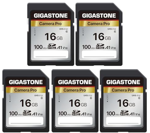 GIGASTONE Scheda SD 16GB, Set da 5, 4K Camera Pro, V10, Scheda Memoria 16 GB SDHC, Velocità fino a 100MB/s Compatibile con Canon Nikon Sony Camcorder, V10 UHS-I Classe 10 per video 4K UHD