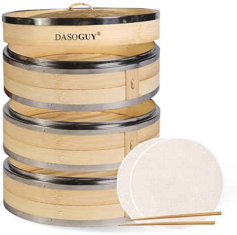 Dasoguy 8.2 Inch Handmade Bamboo Steamer with Whole Metal Rings, 3 Tiers Steam Basket for Dumpling Dim Sum Bun Rice Chinese Food, Includes 1 Set of Chopsticks & 3 Cotton Liners