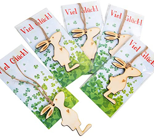 Logbuch-Verlag 5 kleine Ostergeschenke Osterhase Holz mit Viel Glück Karte grün blau natur Ostern Geschenk Kunden