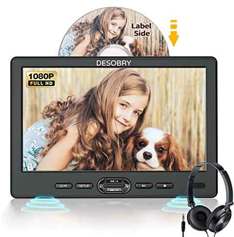 DESOBRY 10.5 Car DVD Player with Headrest Mount, Portable DVD Player for Car with Headphone, Suction-Type Disc in,Support 1080P Video,HDMI Input,USB/SD Card Reader,AV in/Out,Last Memory&Region Free