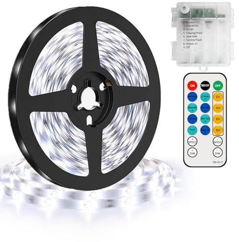 CCILAND LED Strip Lights Battery Powered 16.4ft/5m 150 LEDs White Tape Lights Strip with Remote, 8 Modes, Timer, Dimmable, Waterproof, Self-Adhesive LED Lights for Dorm Room Cabinet(Cool White)