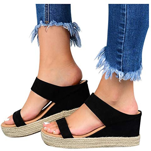 Wlabe💋 Sandale Compensé Femme Sandale Compensée Sandales Femme Été Confortable Rouge Sandales À Talons Femme Tongs Femme Escarpins Bout Ouvert Argenté Élégantes Chaussures En Paille(42)