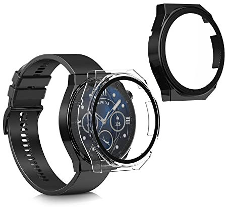 kwmobile Carcasa Compatible con Huawei Watch GT3 Pro (46mm) Funda - 2X Protector Pantalla Completo de Cristal Templado - Ultrafino y antigolpes - Negro/Transparente