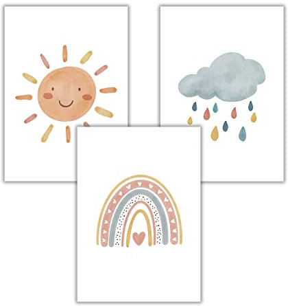 WBdesignz Poster Kinderzimmer Bilder Deko Babyzimmer 3er Set Boho Regenbogen Sonne Wolke Für Kinder