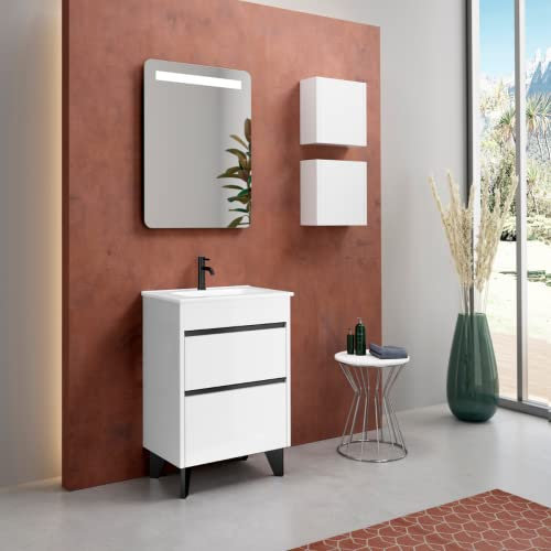 Mueble de Baño al Suelo con Lavabo Cerámico de Fondo Reducido Berna | Mueble Baño con Patas de Fondo Reducido de 2 Cajones con Cierre Amortiguado y Organizador | Blanco Brillo Tirador Negro | 60cm