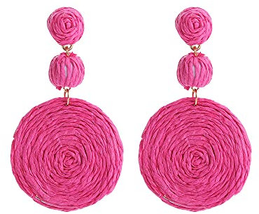 Pendientes de paja Hechos a Mano para Mujer, Bohemios, Bola de Rafia, Paja, Mimbre, Aro Trenzado, Pendientes Colgantes para Mujeres y Niñas, Rosa roja