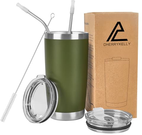 CherryKelly 20oz (550ml) Insulated Travel Tumbler Mug Stainless Steel Vacuum Coffee Cup with 2 Leak-Proof Lids & Straws, BPA-Free, Hot & Cold, Commute, Gym, Office - Army Green