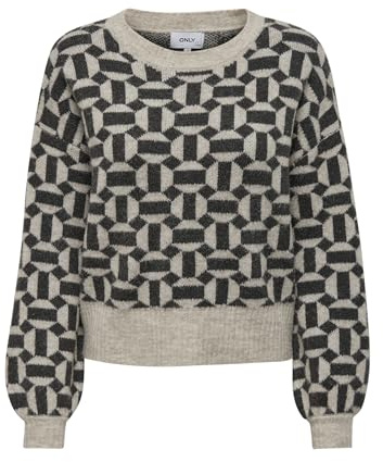 ONLY Damen Onlgeo Life L/S Pullover Knt, Oatmeal/Pattern:melange/Black Melange, L