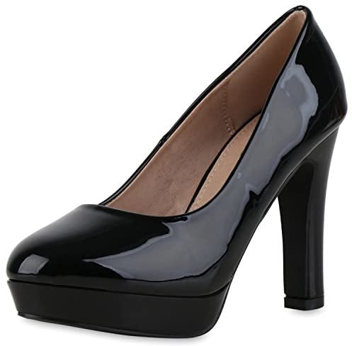 VAN HILL Damen Klassische Pumps Stiletto Schuhe Plateau Vorne Absatzschuhe Elegante Lack Abendschuhe 210696 Schwarz Lack 38