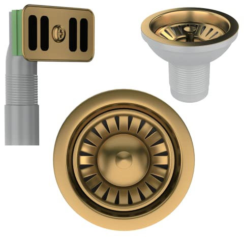Excel Home Kitchen Sink Waste Kit, 90mm Sink Waste Strainer with Overflow Pipes and Round Drain Cover (Satin Gold) (with Overflow)