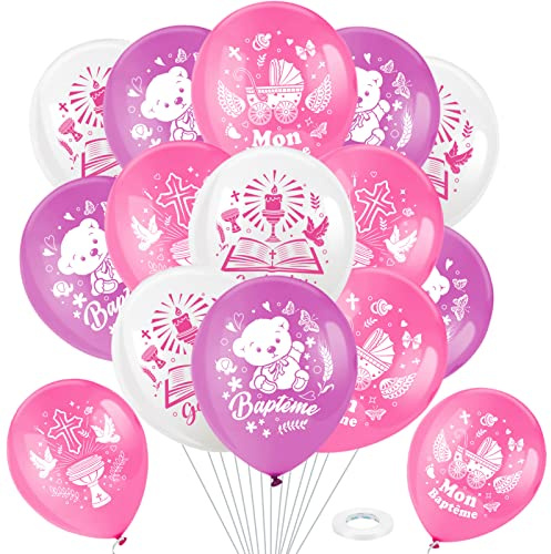 DPKOW 28pcs Rose Mon Baptême Ballons pour Fille Baptême Décoration Rose