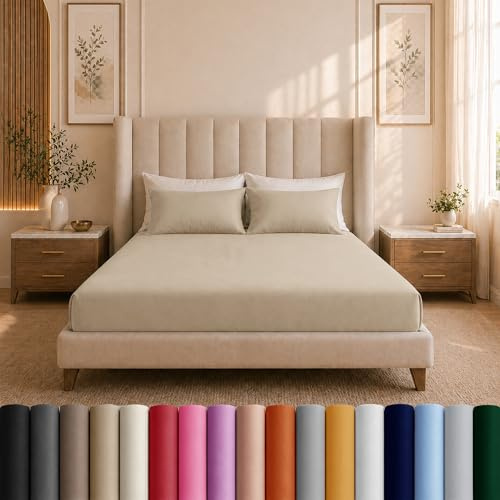 Moonlight Bedding Super King Fitted Sheet Beige - Premium 25cm Deep Pocket Fitted Bed Sheets – Soft Brushed Microfiber & Wrinkle Free Fitted Bottom Sheet Fad Resistant Bed Sheet (180 x 200 Cm)
