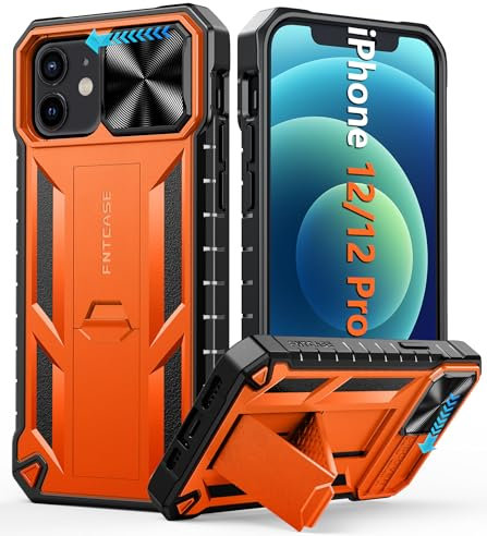 FNTCASE for iPhone 12 Phone Case: Rugged Military Grade Full Protection Shockproof Protective Case with Kickstand | TPU Matte Textured Heavy Duty Hard Bumper Phone Cover for iPhone 12/12 Pro Orange