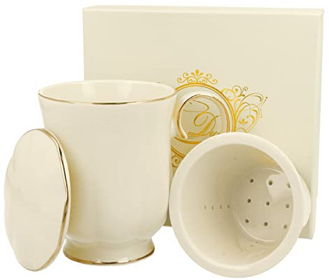 MamboCat Ecru Clark Teebecher mit Teesieb & Deckel I 320 ml I für eine Personen I Teetasse aus Porzellan & Geschenkverpackung I nostalgischer Becher mit Goldrand I für losen Tee