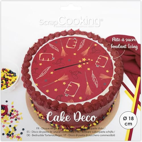 ScrapCooking - Disque de Pâte à Sucre Sorcier Ø 18cm - Décoration Gâteau Comestible - Imprimé Sorcellerie, Baguette Magique, Chapeau Magique - Déco Anniversaire Halloween - Bordeaux, Jaune - 7333