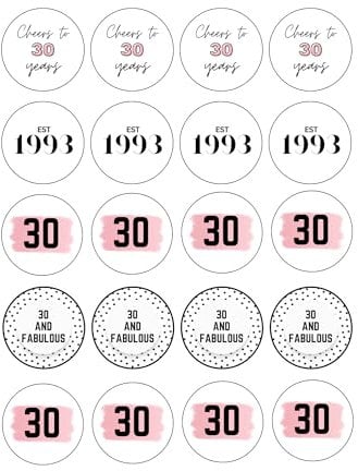 20 x 4.5cm edible 30th Birthday Pink champagne prosecco flute drink toppers uncut