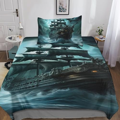 ITomen Ship Pirate Bedding 3D Bettbezug Kissenbezug Mikrofaser Bettwäsche-Set Bettwasche Mit ReiBverschluss Für Kinder Erwachsene Leichte Pflege Single(135x200cm)