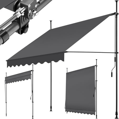 tectake® Toldo Terraza Manual Regulable en Altura con Manivela, Toldo Balcón sin Taladros, Extensible Terraza, Resistente a Rayos UV, Protección Solar y Repelente al Agua - 200 cm - Negro/Gris