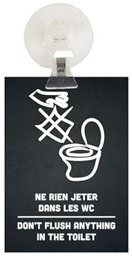 Pannello in PVC NON Gettare NEL WC,DON'T FLUSH ANYTHING IN THE TEILET, nero formato A6, con attacco a ventosa