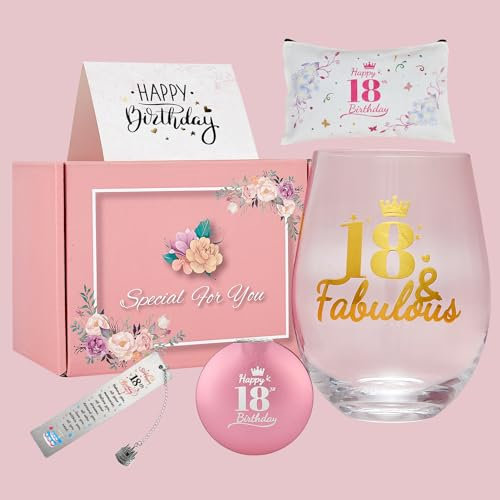 TOONGEEN 18th Birthday Gifts for Girls Her Women, Personalized Stemless Wine Gin Glasses Gift Set, Unique 18 Year Old Birthday Present Souvenir for Ladies Female, Friend, Daughter, Sister, 19 Oz