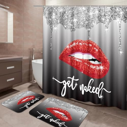 Arttown Schwarz-graues Badezimmer-Set mit Duschvorhang und Teppichen und Zubehör, Glitzer-Diamant-Duschvorhang-Sets, Lippen-Duschvorhänge für Badezimmer, schwarz-rote Badezimmer-Dekoration, 3-teilig