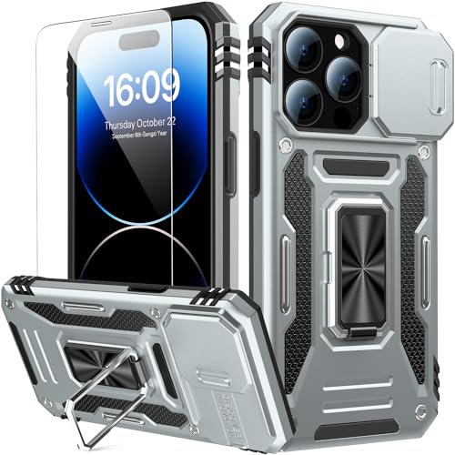 Goodon for iPhone 14 Pro Max Case with Screen Protector - Sliding Camera Cover with Magnetic Kickstand - Military-Grade Shockproof Matte Protective Phone Case 6.1 for Men Women Girls - Silver