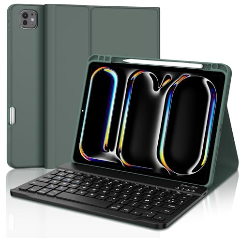 SENGBIRCH Coque Clavier pour iPad Pro 11'' (M4) 2024, AZERTY Français Clavier - Étui iPad Pro 11 Pouces avec Fente pour Stylo, Clavier Détachable sans Fil Bluetooth, Vert foncé
