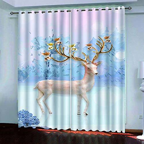 Vorhänge Blickdicht Gardinen Wohnzimmer Verdunkelungsvorhang Schlafzimmer Kinderzimmer Thermovorhang 3D Cartoon-Tier-Hirsch Muster Ösenschal 2Er Set Fensterdekoration 240X264Cm