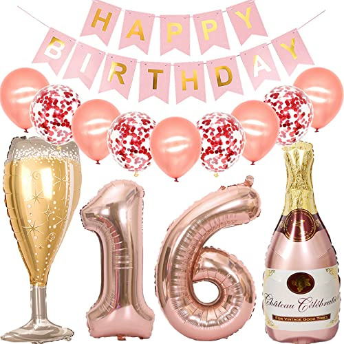 Feelairy Luftballon 16. Geburtstag Deko Mädchen, Rosegold Folienballon Weinflasche Sektflasche Helium Ballon Champagner Flasche, Girlande Happy Birthday Deko für Geburtstagsdeko 16 Jahre Mädchen