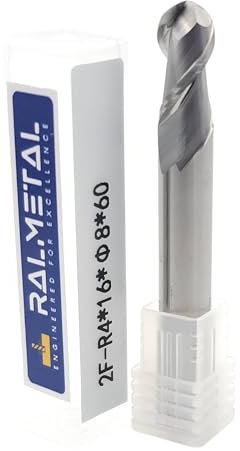 CNC Fräser für Aluminium R4 x 8 x 60 mm - VHM Schaftfräser 45 HRC - Kugelfräser Arbeitslänge 16 mm - Zweischneider Alu Fräser - Fräser Bit für Weichmetalle, Holz und Kunststoffe