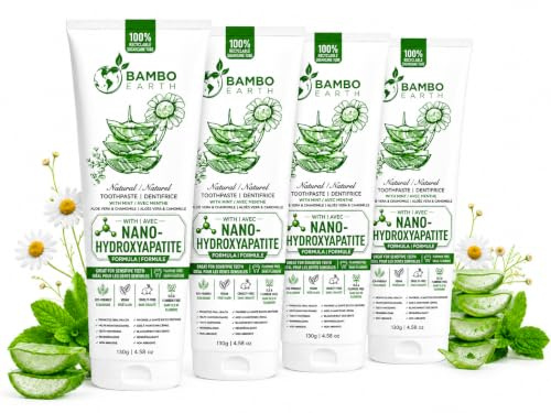 Natural Fluoride Free Toothpaste - Nano Hydroxyapatite, Remineralizing, Sensitive Teeth, Whitening & Zero Waste Tube - Dentist Recommended for Adult & Kids Oral Aloe Vera & Chamomile (4 Pack, Aloe)
